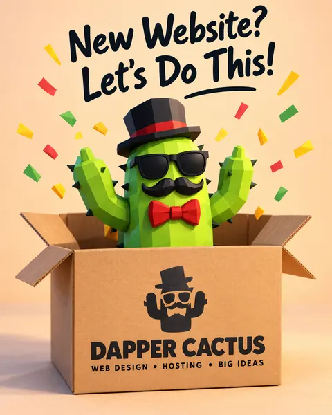The cactus pops out of a Dapper Cactus shipping box. Lettering: New website? Let’s do this!