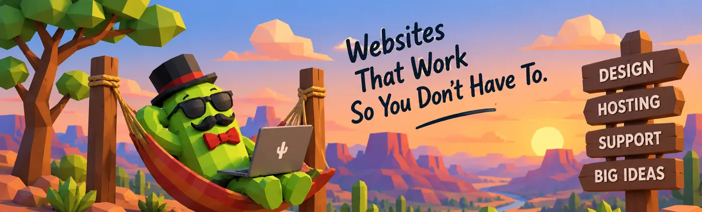 The cactus naps in a hammock with a laptop. Lettering: Websites that work so you don’t have to.