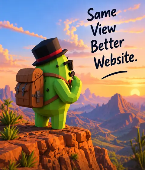 The cactus with a backpack looks out over a canyon. Lettering: Same view. Better website.